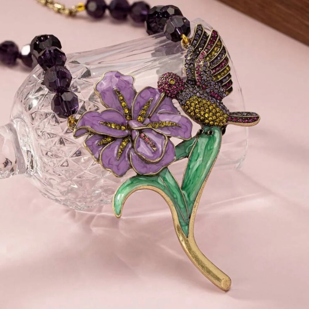 Hummingbird Colorful Rhinestone Enamel Necklace Purple Bead Large Flower NEW